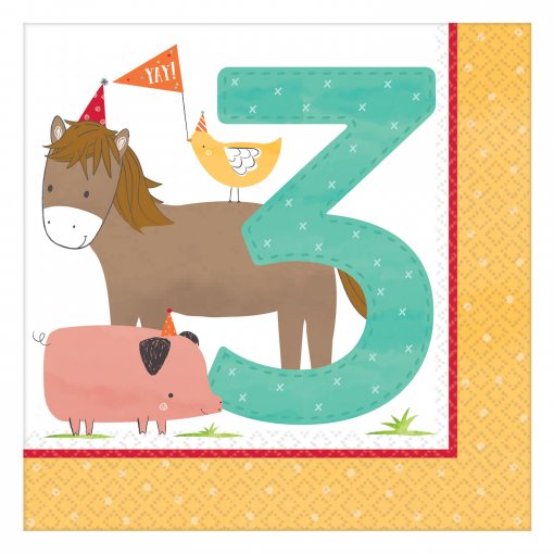 16 Guardanapos 33cm 3º Aniversário Quinta Barnyard