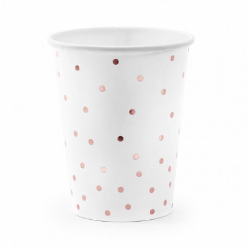 6 Copos Papel 260ml Branco Bolas Rose Gold