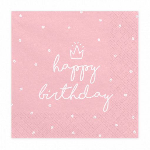 20 Guardanapos 33x33cm 'Happy Birthday' Rosa Claro