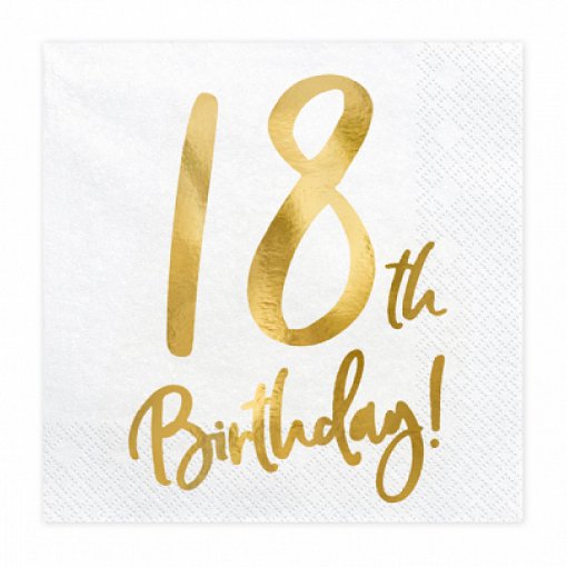 20 Guardanapos 33x33cm '18th Birthday' Branco e Dourado Foil