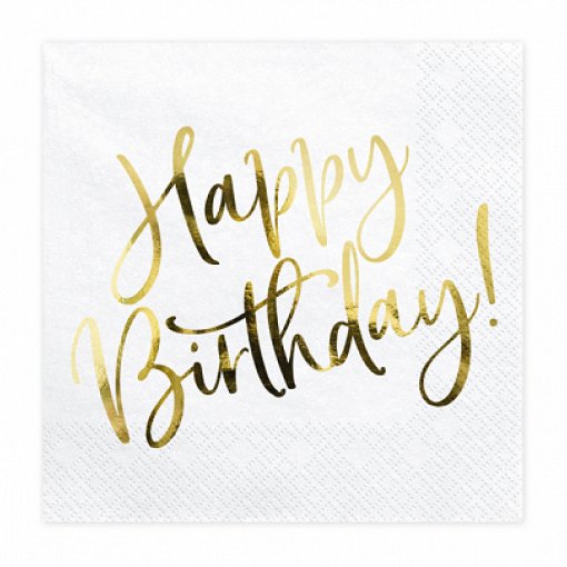 20 Guardanapos 33x33cm Branco 'Happy Birthday' Dourado Foil