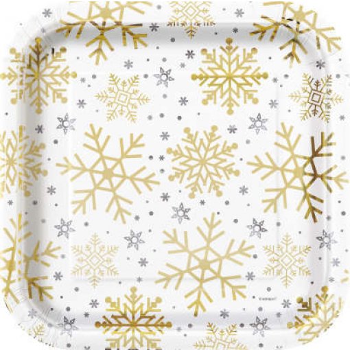 8 Pratos Quadrados 23cm Holiday Snowflakes Prateado & Dourado