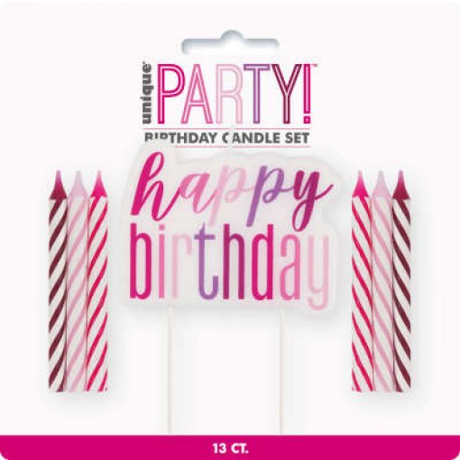 13 Velas Rosa & Prateado & Vela 'Happy Birthday'