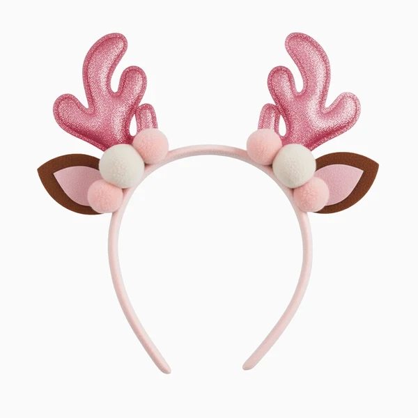 Bandolete de Natal com Chifres de Rena Rosa, Orelhas e Pompons