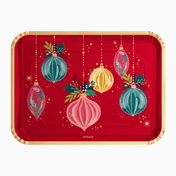 2 Pratos Bandejas Retangulares 25x34cm Bolas de Natal Vermelhas