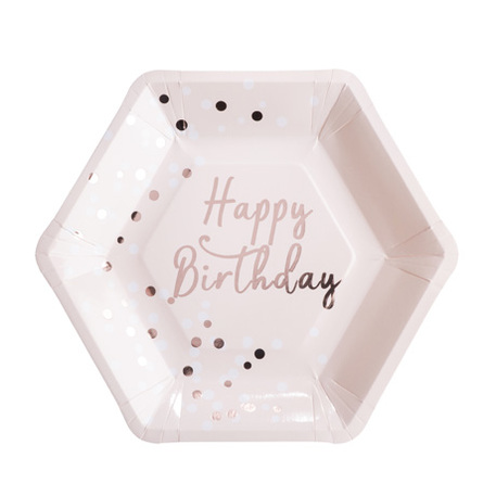 8 Pratos 23cm Happy Birthday Confettis Rose Gold