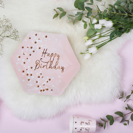 8 Pratos 23cm Happy Birthday Confettis Rose Gold