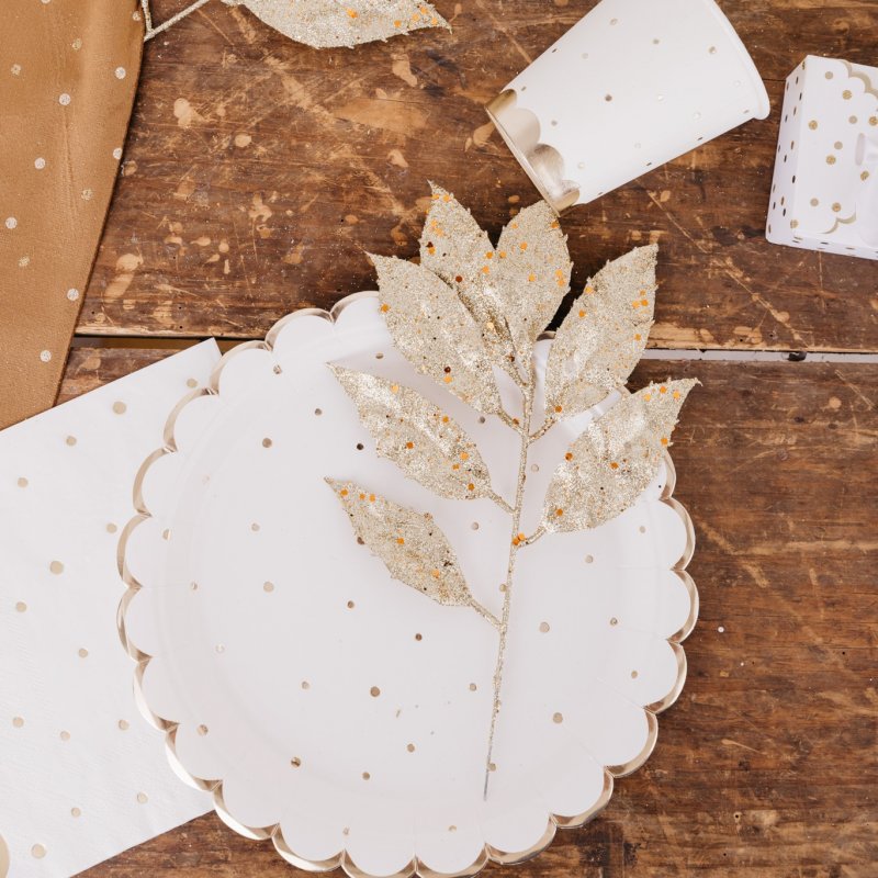 8 Pratos 23cm Branco Pintas Dourado Foil