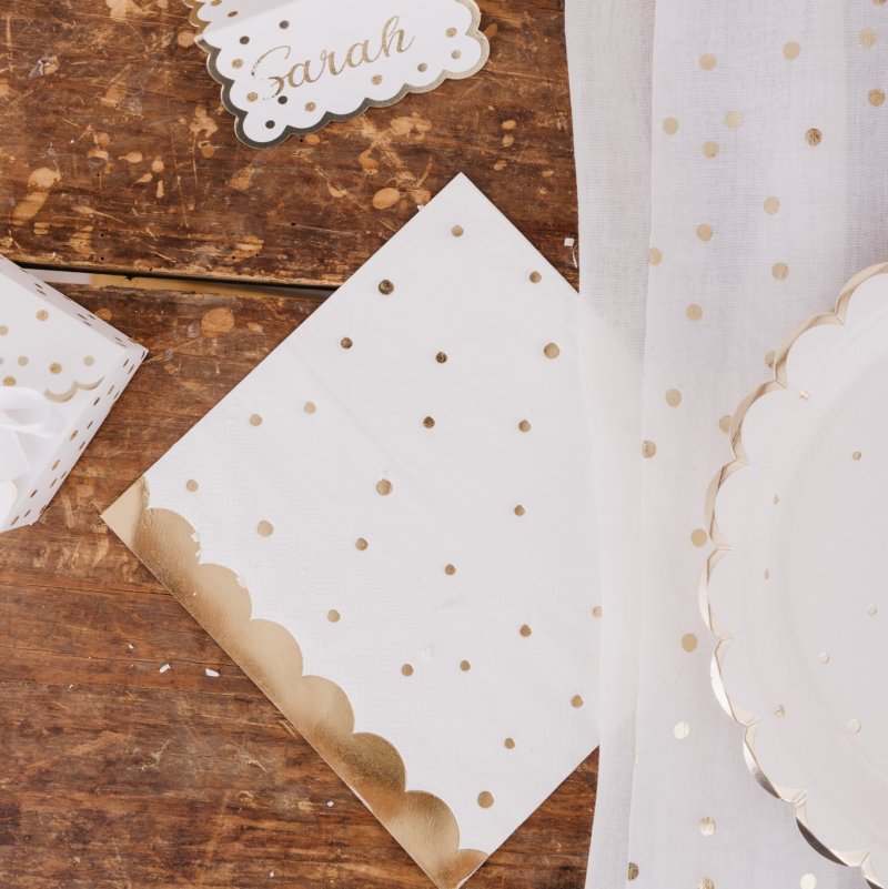 16 Guardanapos 33cm Branco Pintas Dourado Foil