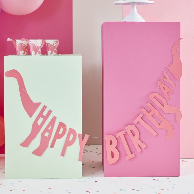 Grinalda Happy Birthday 27x137cm Dinossauro Rosa