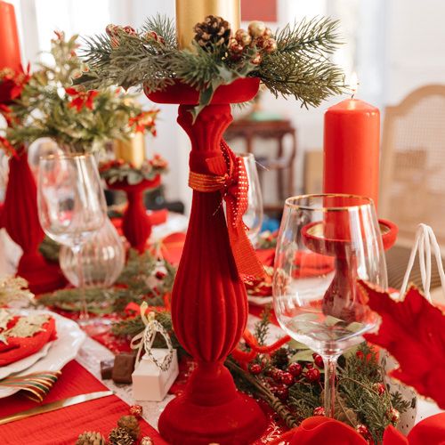 Castiçal Barroco Vermelho veludo 11x34cm