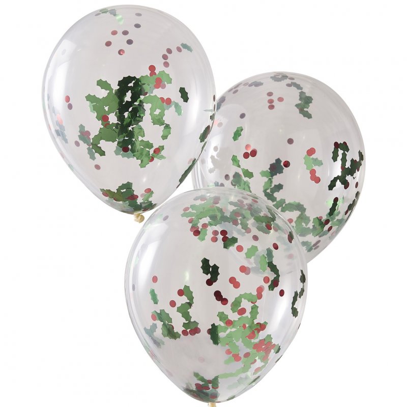 5 Balões Látex 12'' com Confettis Azevinhos - Natal