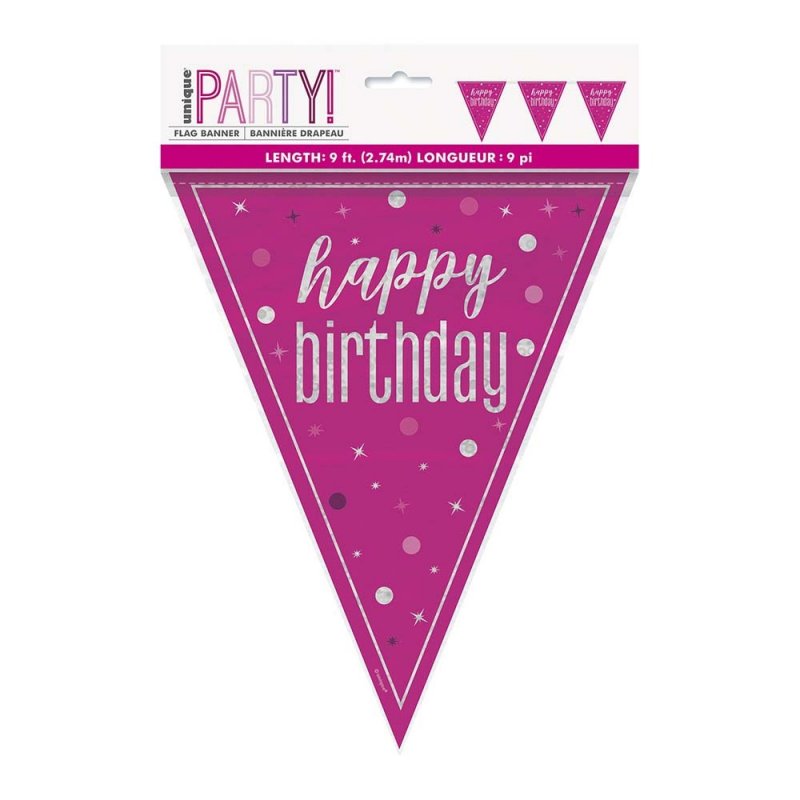Bandeira Triangular Foil 2,74m 'Happy Birthday' Glitz Rosa