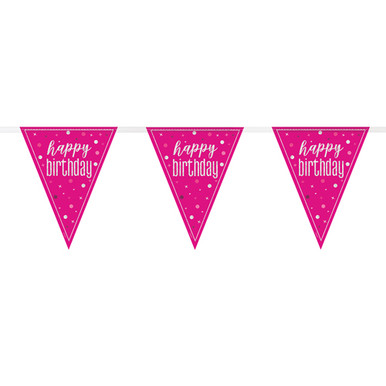 Bandeira Triangular Foil 2,74m 'Happy Birthday' Glitz Rosa