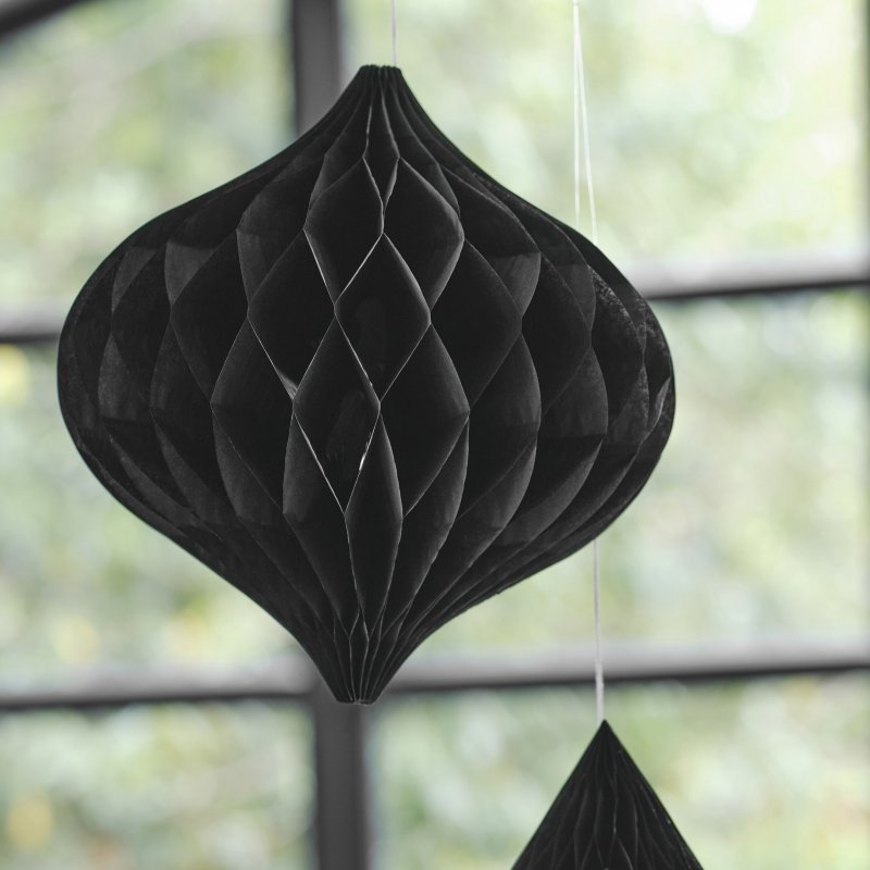 3 Decorações Pendentes Papel Honeycomb Preto