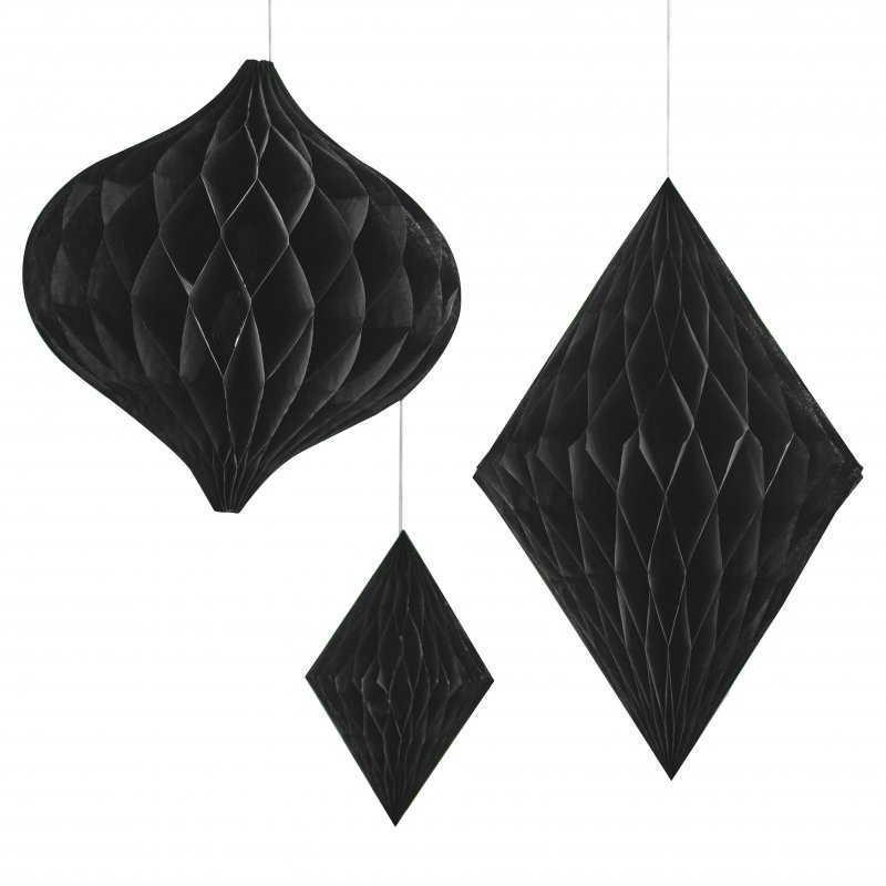 3 Decorações Pendentes Papel Honeycomb Preto