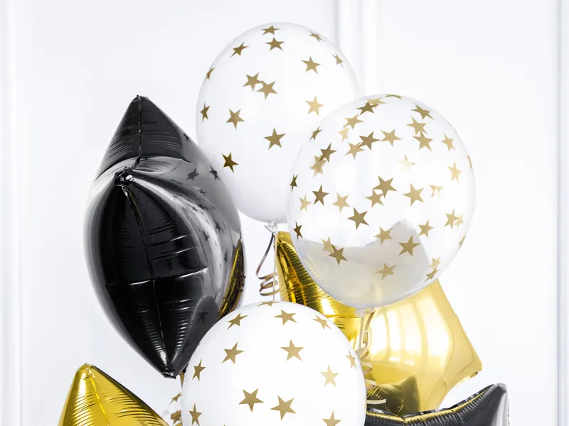 6 Balões Latex 12'' Transparente Estrelas Dourado