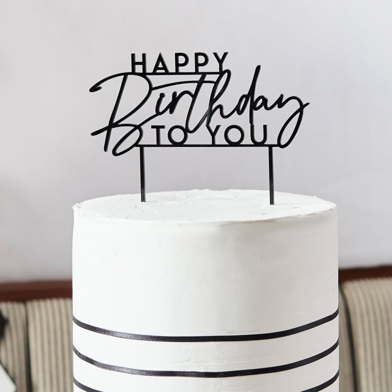 Topo de Bolo Acrílico Happy Birthday Preto