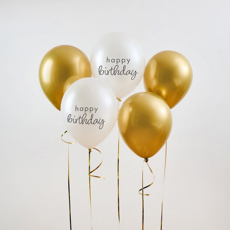 5 Balões Látex 30cm Happy Birthday Dourado e Branco