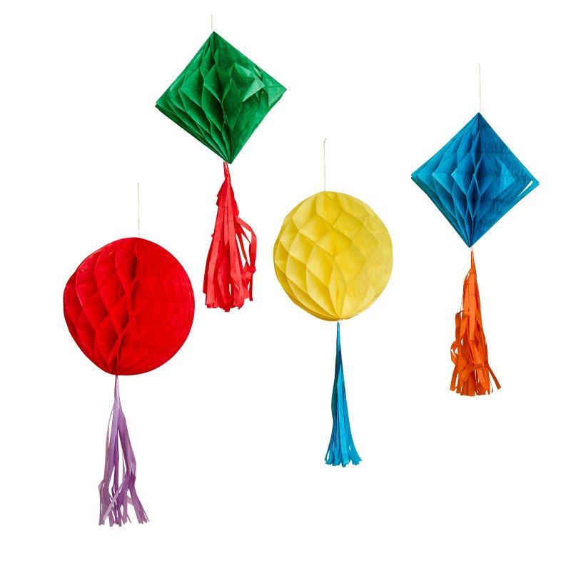 4 Decorações Honeycomb com Tassels - Playful Brights