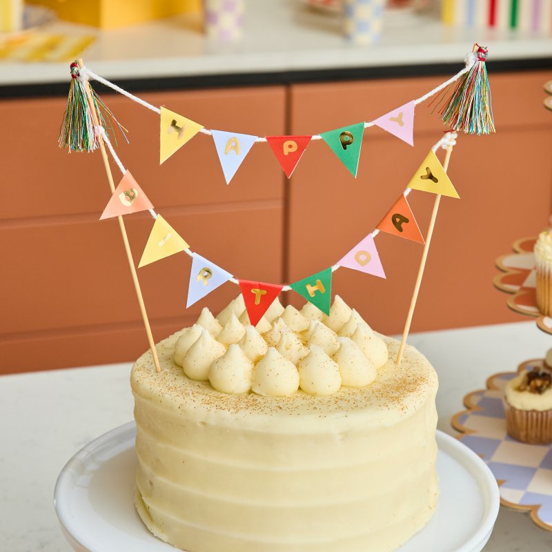 Topo de Bolo Happy Birthday com Bandeirolas 20x17cm - Playful Brights