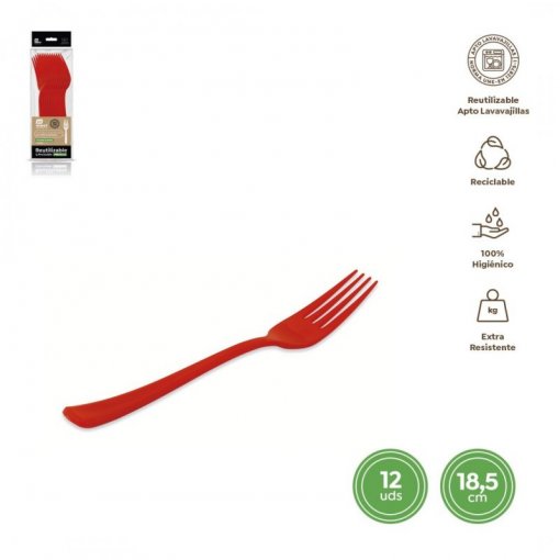 12 Garfos Plástico 18,5cm Vermelho