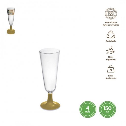 4 Flutes de Champanhe Pé Dourado