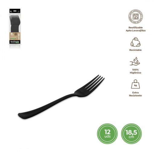 12 Garfos Plástico 18,5cm Preto