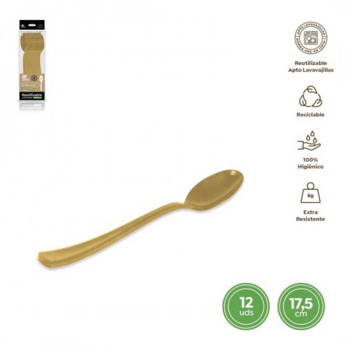 12 Colheres Plástico 17,5cm Dourado