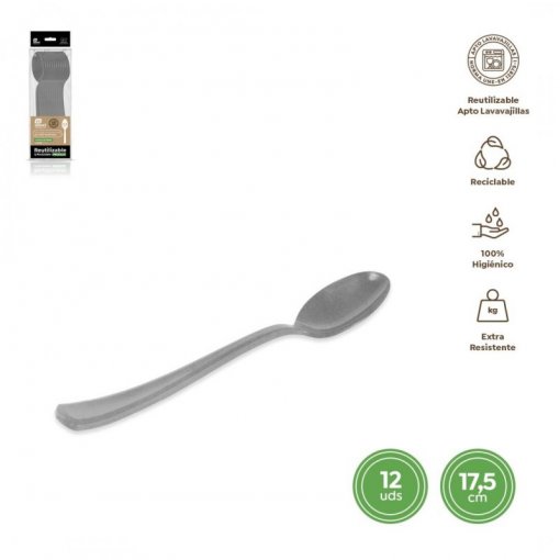 12 Colheres Plástico 17,5cm Prateado