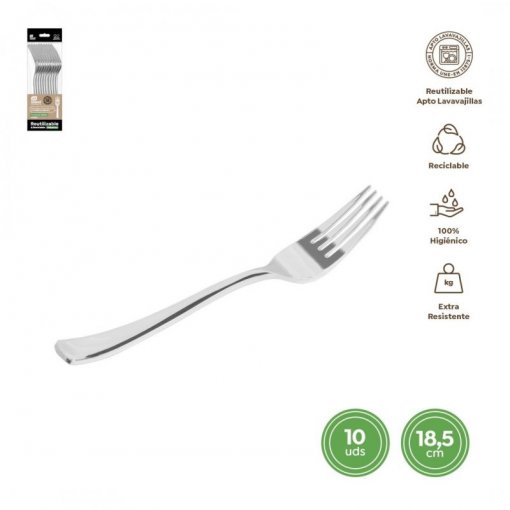 10 Garfos Plástico 18,5cm Prateado Metalizado