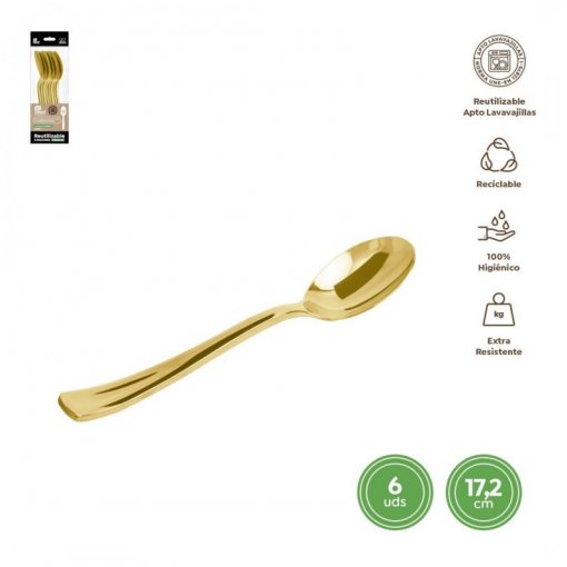 6 Colheres Plástico 17,5cm Dourado Metalizado