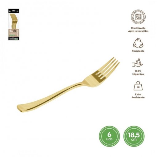 6 Garfos Plástico 18,5cm Dourado Metalizado