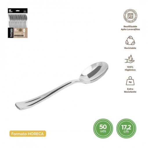 50 Colheres Plástico 17,5cm Prateado Metalizado