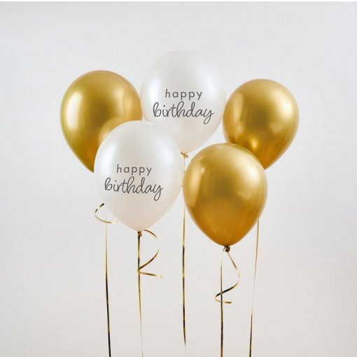 5 Balões Látex 30cm Happy Birthday Dourado e Branco