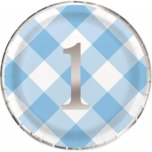 8 Pratos 23cm Blue Gingham 1st Birthday Foil