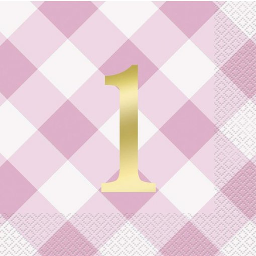 16 Guardanapos 33cm Pink Gingham 1st Birthday Foil