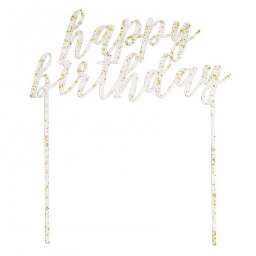 Topo de Bolo 'Happy Birthday' Acrílico Transparente com Dourado Foil