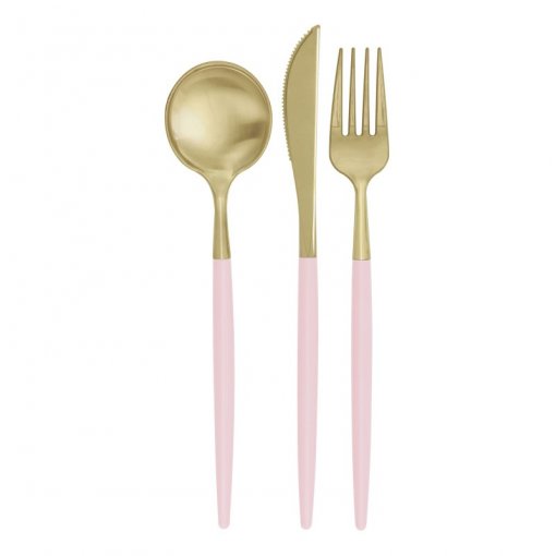 12 Sortido de Talheres Plástico Reutilizável Rosa Claro & Dourado