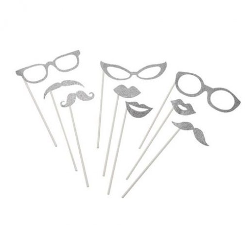 9 Adereços Fotografia (Photo booth) Prateado Glitter