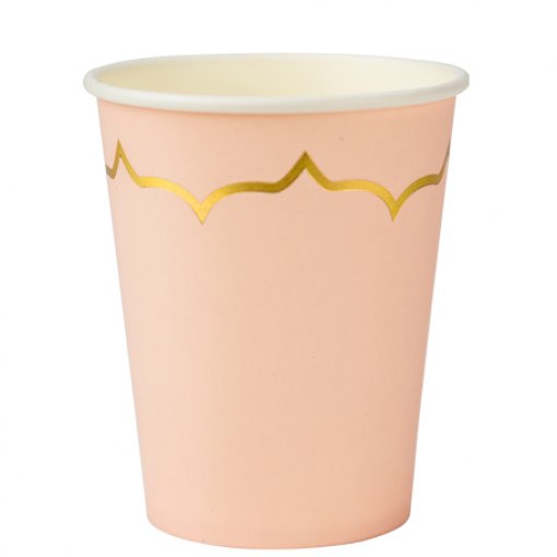 8 Copos 255ml Rosa Claro Rebordo Dourado
