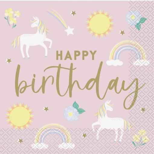 16 Guardanapos 33cm Happy Birthday Dainty Unicorn