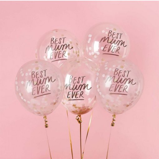 5 Balões Látex Transparentes 30cm Best Mum Ever com Confettis