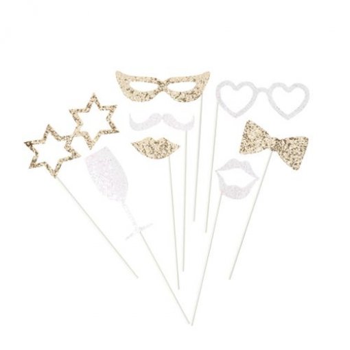 8 Adereços Fotografia (Photo booth) Festa Branco e Dourado Glitter