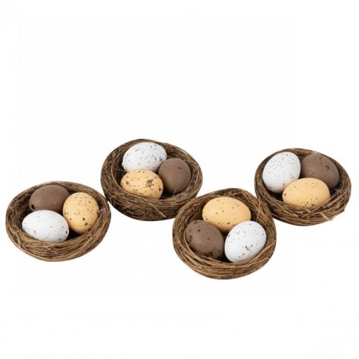4 Ninhos com Ovos em Palha Castanho, Branco e Nude 5cm