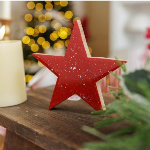 Estrela de Madeira 10,5x10,5x1,5cm Vermelha & Glitter Prateado