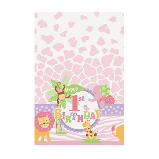 Toalha de mesa 1º Aniversário Safari Rosa 1,37x2,74m