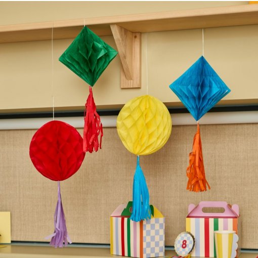 4 Decorações Honeycomb com Tassels - Playful Brights