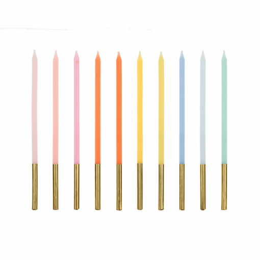 10 Velas de Aniversário 14cm Douradas & Coloridas