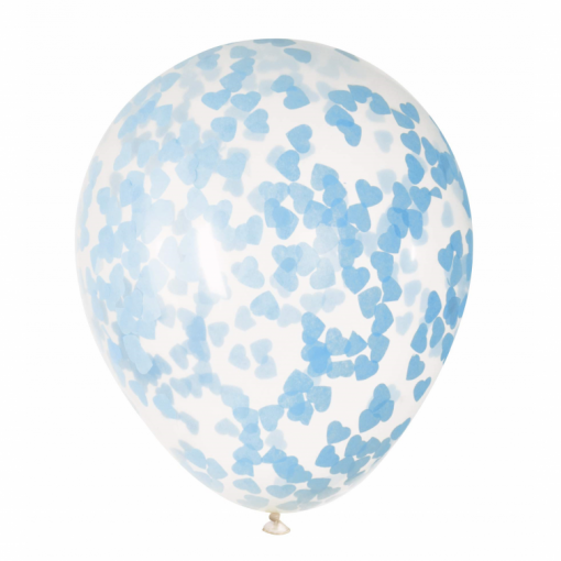 5 Balões Latex 12'' com confettis Coração Azul